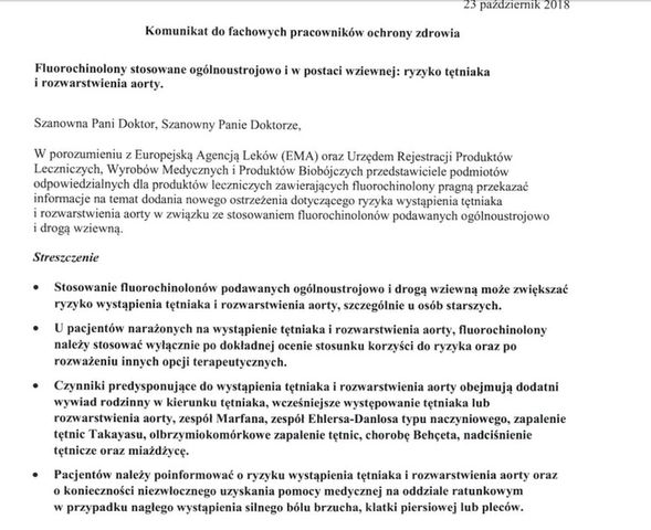 Urząd Rejestracji Produktów Leczniczych ostrzega przed fluorochinolonami