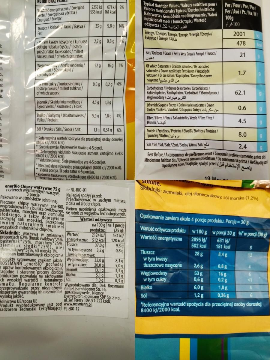 Tabele odżywcze wybranych chipsów