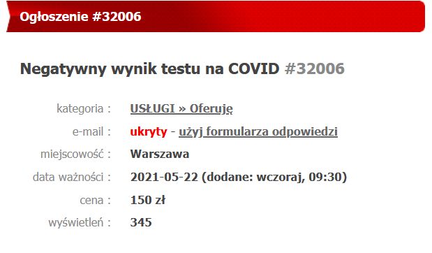 Fałszywy test na koronawirusa kosztuje 150 złotych
