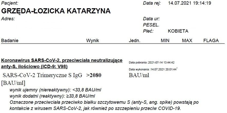 Poziom przeciwciał miesiąc po przyjęciu drugiej dawki szczepionki