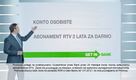 Fragment spotu reklamowego zachęcającego do zakładania konta Getin Up z dwuletnim rabatem na abonament rtv. 
