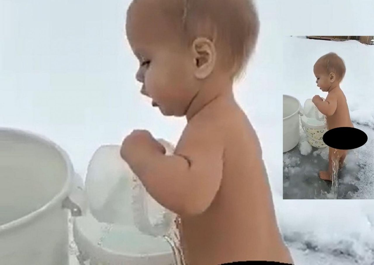 To się nazywa hartowanie! Dziecko oblewa się wodą na śniegu