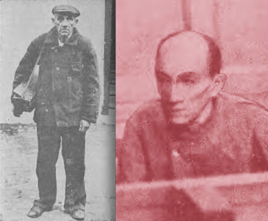 Ferdynand Grüning pod koniec lat 30. – na fotografii wykonanej po aresztowaniu i na zdjęciu z procesu