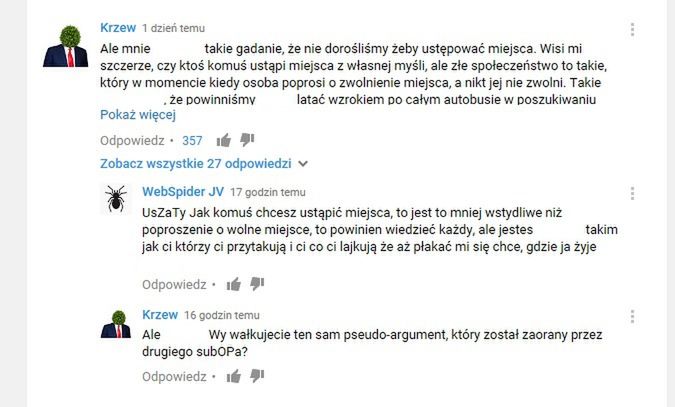 Komentarze pod filmem na temat ustępowania miejsca kobietom w ciąży