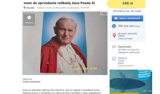 Za relikwie Jana Pawła II chcą 150 zł. Czy godzi się zarabiać w ten sposób?