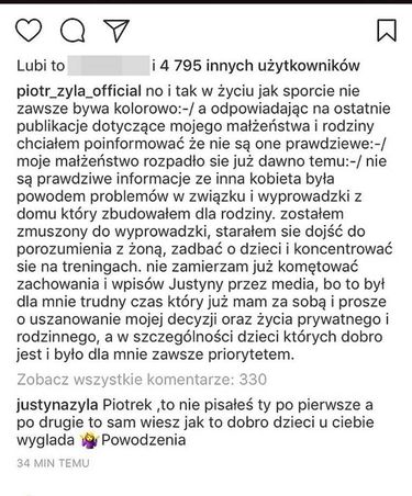 Justyna Żyła odpowiada na post Piotra Żyły