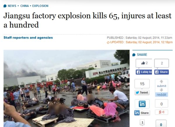 Eksplozja w fabryce w Chinach. Wiele ofiar