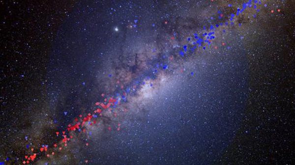 Widok na centrum Galaktyki z zaznaczonymi na zdjęciu pomiarami prędkości rotacji