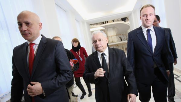 Prezes PiS Jarosław Kaczyński oraz posłowie Joachim Brudziński i Marcin Mastalerek