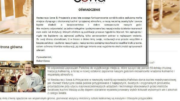 Oświadczenie na stronie restauracji