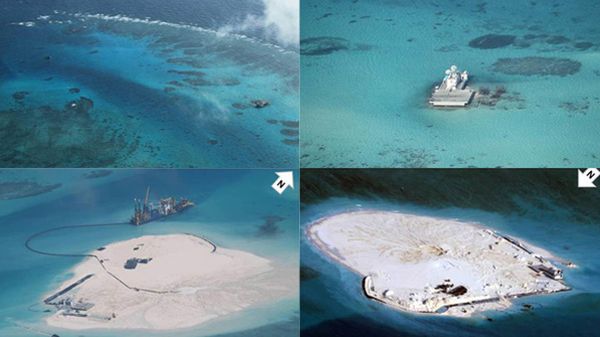 Zdjęcie w lewym górnym rogu pokazuje, jak wyglądała Południowa Rafa Johnsona w marcu 2013 r.. W prawym dolnym rogu stan z marca 2014 r.