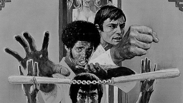 Fragment plakatu filmu "Wejście smoka", Jim Kelly w środku