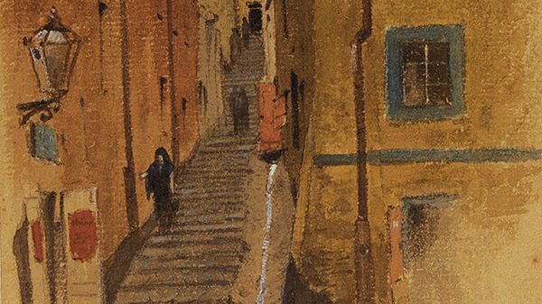 Fragment obrazu Maksymiliana Gierymskiego "Ulica Kamienne Schodki w Warszawie"