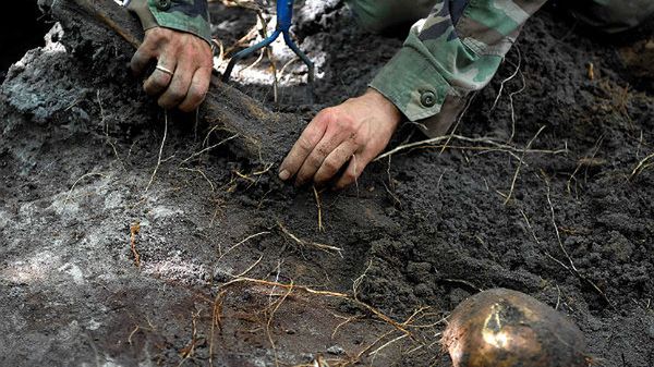 Archeolog wydobywa ze zbiorowej mogiły ludzkie kości znalezione na tzw. trupim polu w rejonie wsi Ostrówki na Ukrainie