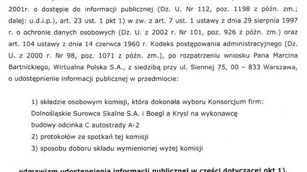Odmowna decyzja GDDKiA dot. ujawnienia nazwisk urzędników