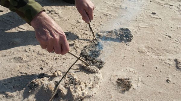 Leśniczy Słowińskiego Parku Narodowego na plaży w Czołpinie, gdzie znaleziono substancję niewiadomego pochodzenia, w której wykryto fosforan bromu