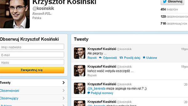 Profil rzecznika prasowej PSL Krzysztofa Kosińskiego na Twitterze.