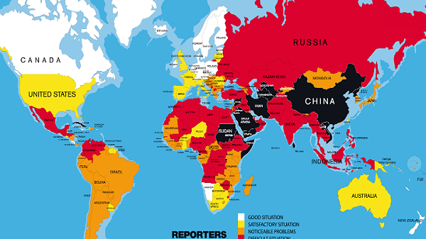 Mapa przedstawiająca ranking Reporterów bez Granic 2014
