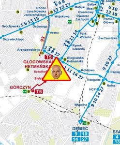 Remont na Głogowskiej w Poznaniu. Zablokowany odcinek torowiska oznaczono znakiem z... Michałem Pazdanem