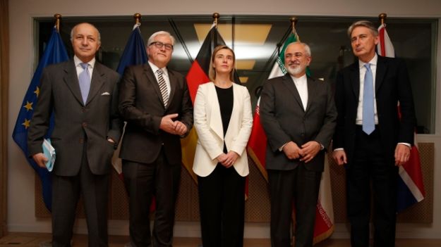 Laurent Fabius, Frank-Walter Steinmeier, Federika Mogherini, Mohammad Dżawad Zarif i Philip Hammond