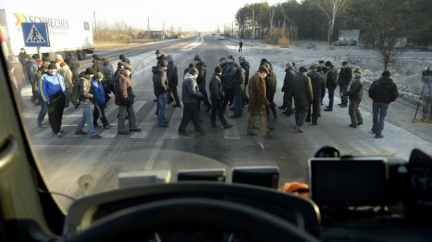 Ukraińscy górnicy blokujący przejście graniczne