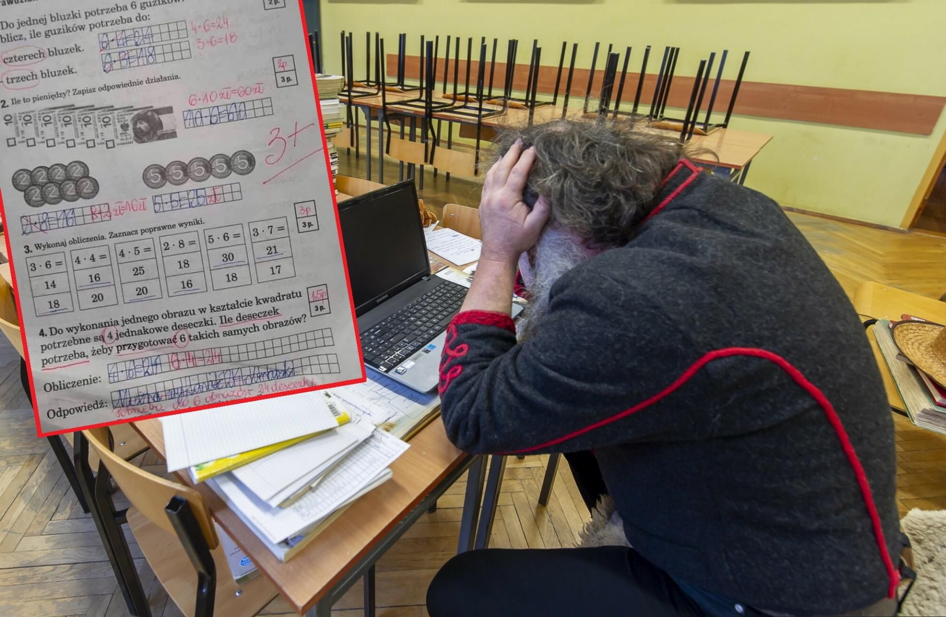 Sprawdzian z matematyki. Uczeń został surowo oceniony, ponieważ zastosował mnożenie przemienne. To nie spodobało się nauczycielce.