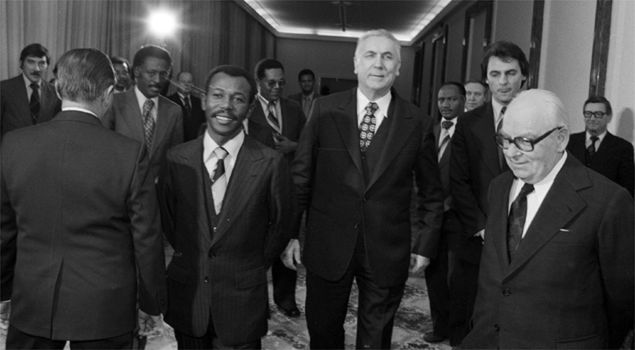 Przewodniczącego Wojskowej Rady Administracyjnej Etiopii Mengistu Haile Mariam (z lewej), I sekretarz KC PZPR Edward Gierek i przewodniczący Rady Państwa PRL Henryk Jabłoński (z prawej), podczas oficjalnej wizyty Mengistu w Polsce, w 1978 r. 