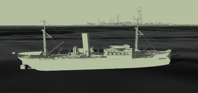 Cyfrowa rekonstrukcja SS Bremerhaven z okresu, w którym pełnił on funkcję obozu zakwaterowania dla robotników przymusowych i obozu karnego. W tle model Hydrierwerke Pölitz, fabryki benzyny syntetycznej 
