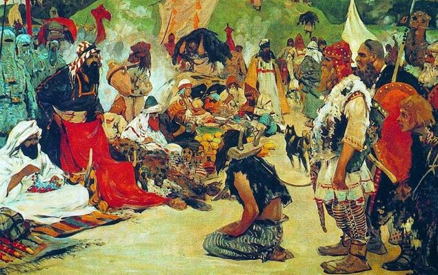 Obraz Siergieja Wasiljewicza Iwanowa przedstawiający handel niewolnikami w obozie Słowian wschodnich 