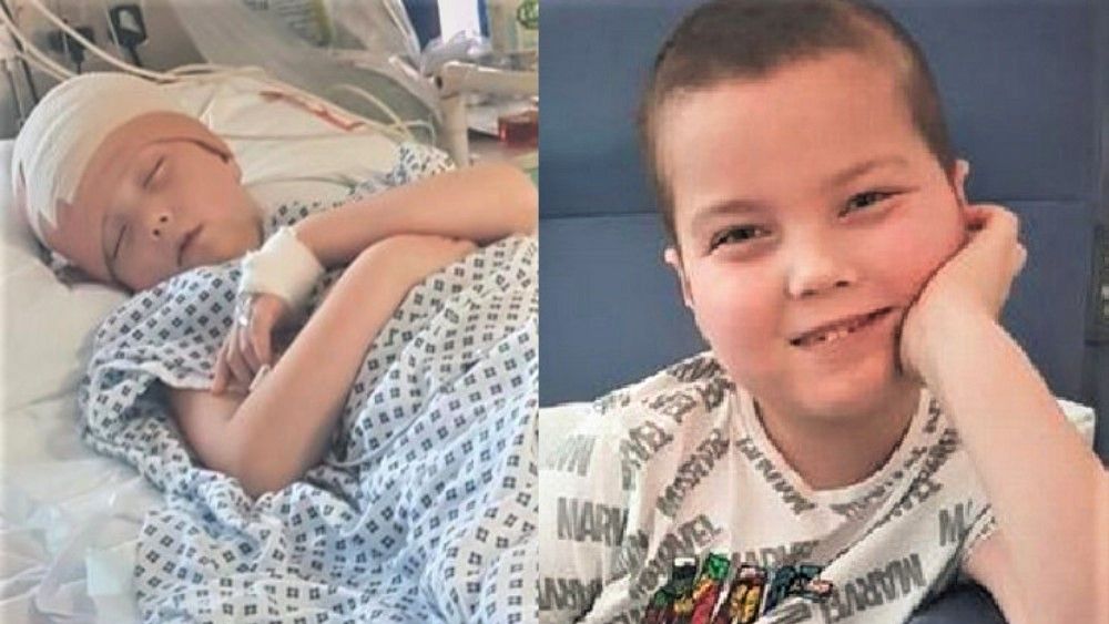 Riley w szpitalu po operacji usunięcia części guza i przed rozpoczęciem leczenia