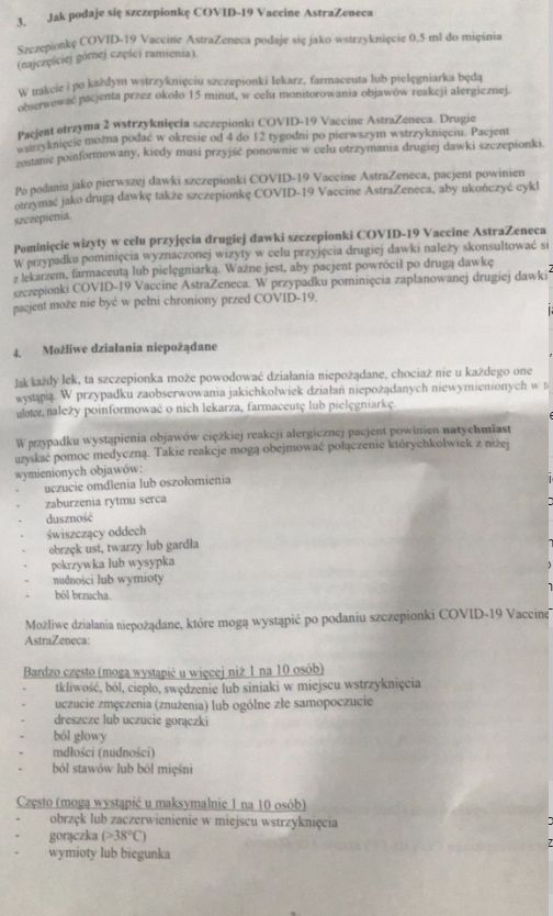 Ulotka AstraZeneca, którą dostała pacjentka po szczepieniu