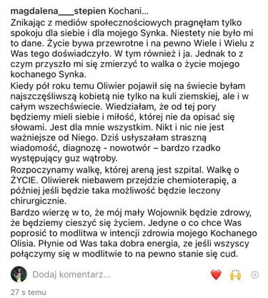 Syn Magdaleny Stępień ma raka