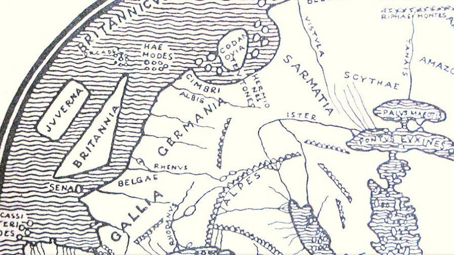Fragment mapy Europy rzymskiego geografa Pomponiusza Meli. Enztuzjaści starożytnego pochodzenia Polski w widocznej na mapie Sarmatii widzą Imperium Lechitów