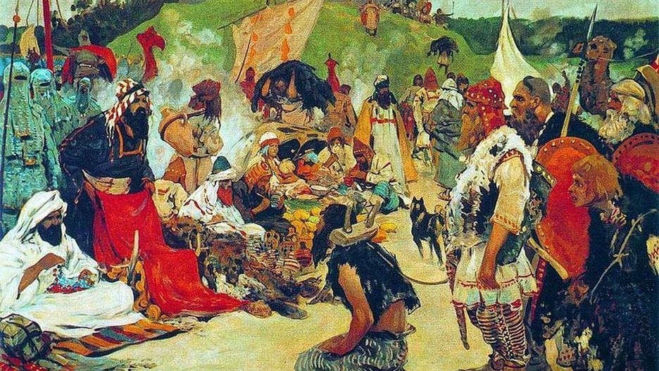 Obraz Siergieja Wasiljewicza Iwanowa przedstawiający handel niewolnikami w obozie Słowian wschodnich