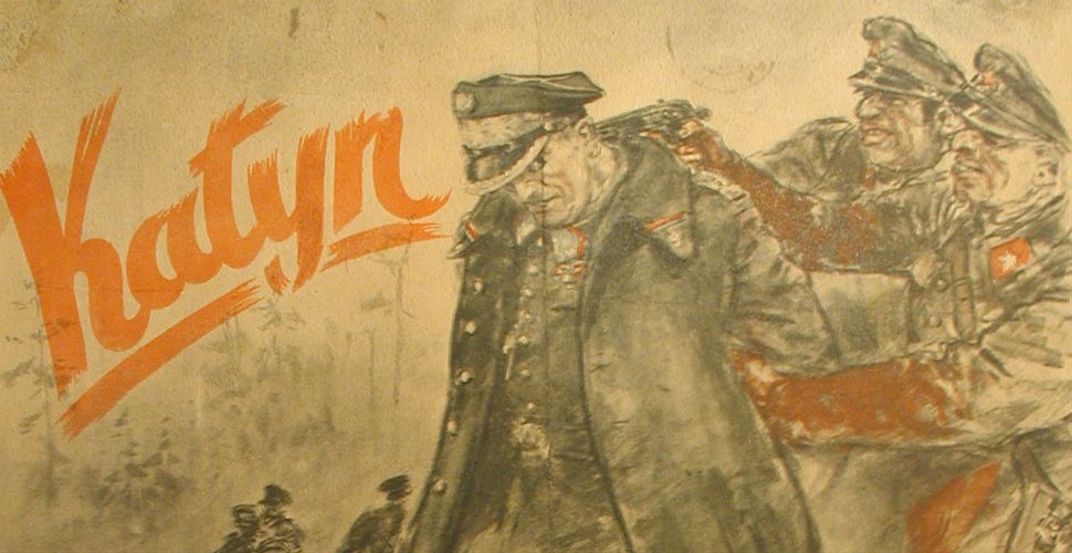 Niemiecki plakat propagandowy dotyczący zbrodni katyńskiej (fragment) z 1944 r.