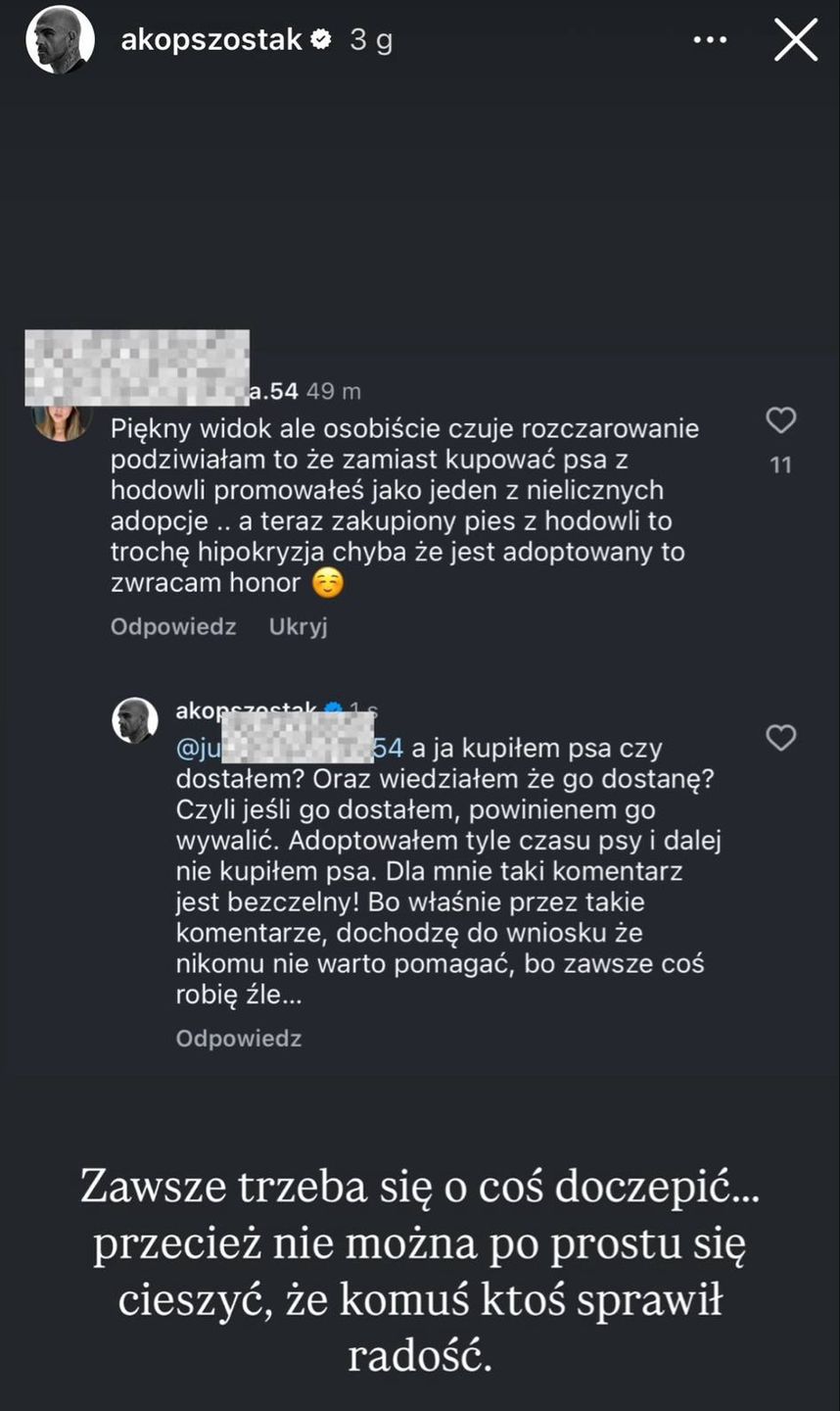 Wpis Akopa Szostaka na Instagramie