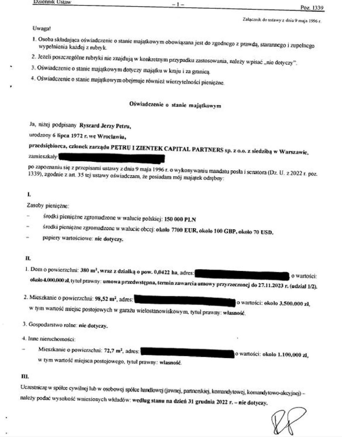 Oświadczenie majątkowe Ryszarda Petru 