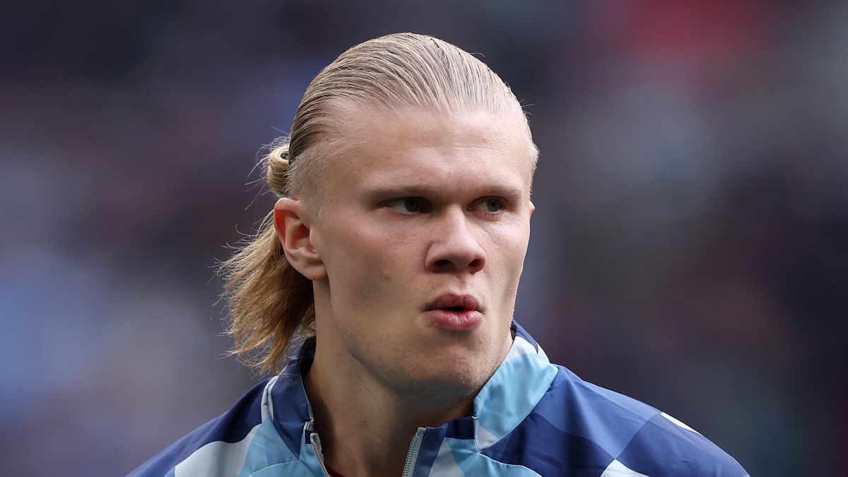 LONDON, ENGLAND - APRIL 22: Erling Haaland of Manchester City looks on prior to the Emirates FA Cup Semi Final match between Manchester City and Sheffield United at Wembley Stadium on April 22, 2023 in London, England. (Photo by Alex Pantling - The FA/The FA via Getty Images)