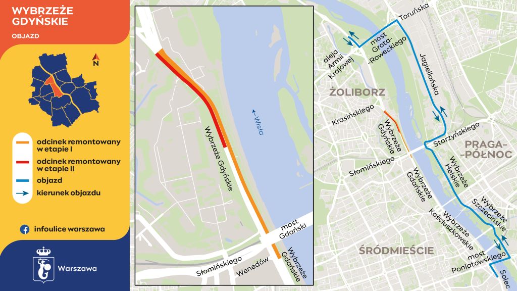 Infografika przedstawia zaznaczone dwa etapy remontu Wybrzeża Gdyńskiego w sąsiedztwie Cytadeli, a także objazd wyznaczony ulicami: Wybrzeże Gdyńskie, przez most Grota-Roweckiego, Jagiellońską, Zatylną, Wybrzeże Helskie, Wybrzeże Szczecińskie, Wał Miedzeszyński do mostu Poniatowskiego i nim do Wioślarskiej.