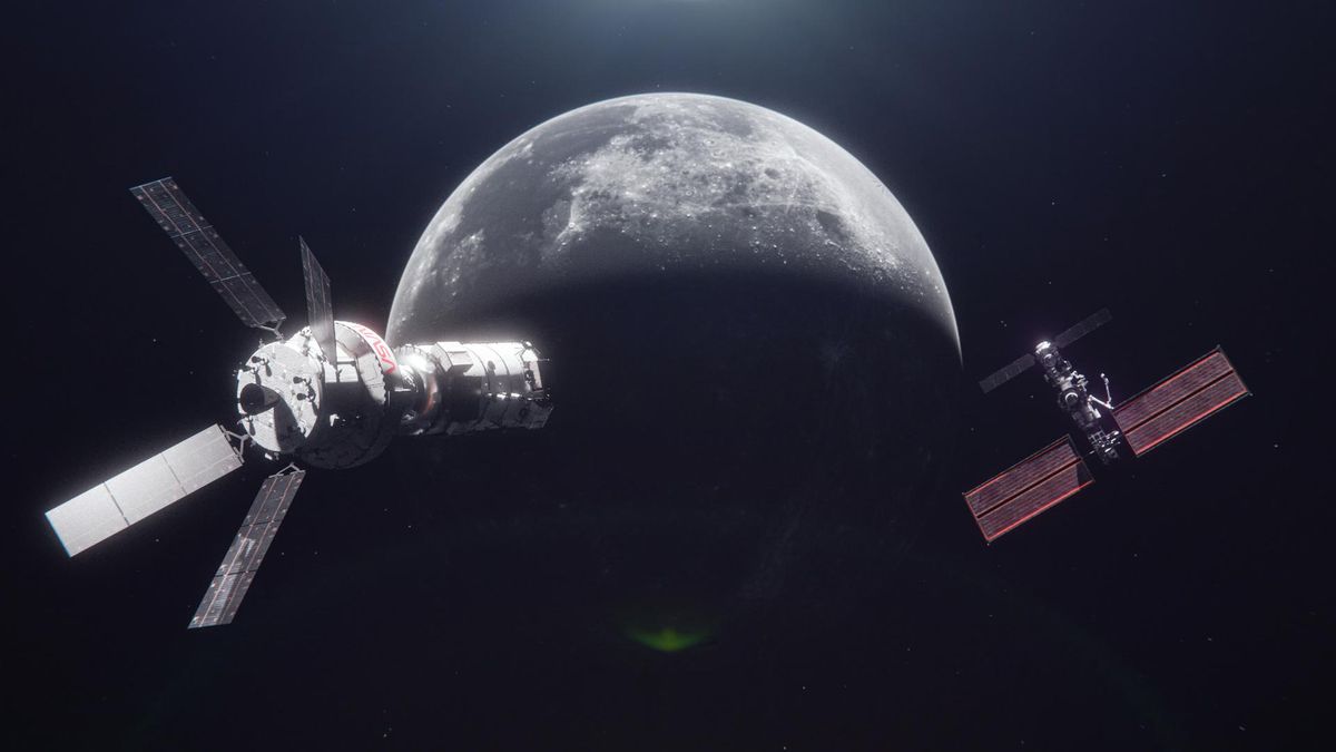 Wizualizacja statku Orion i stacji kosmicznej Gateway na orbicie Księżyca