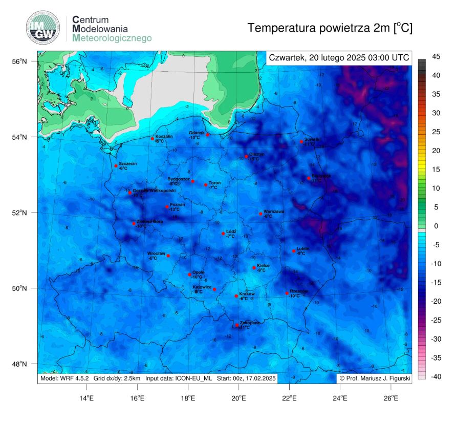  Prognozowana temperatura w nocy 20 lutego