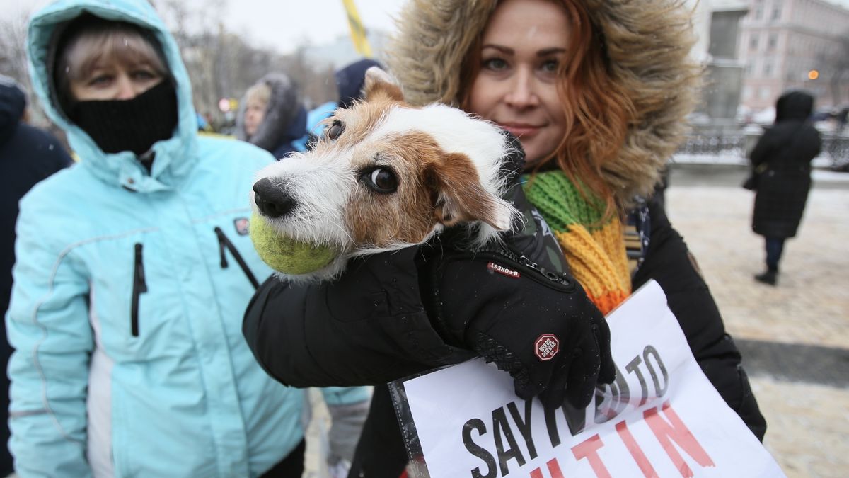 Na zdjęciu obywatele Ukrainy z transparentem "powiedz 'nie' Putinowi"