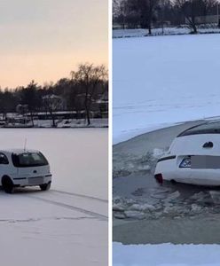 Jeździł autem po zamarzniętym stawie. Samochód utonął