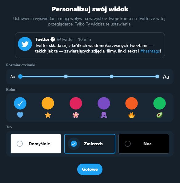 Personalizacja widoku nowego Twittera.