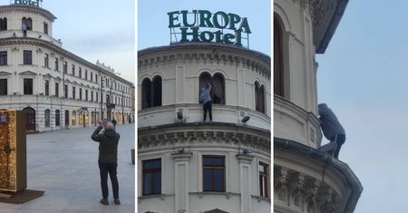 Aż ciarki przechodzą. Malował ramy okienne na trzecim piętrze Hotelu Europa bez żadnego zabezpieczenia [ZDJĘCIA]