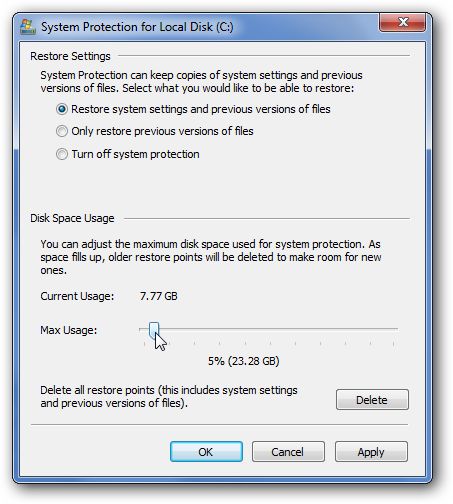 Windows 7 - Zmniejszamy ilość miejsca przeznaczonego na przywracanie systemu 5