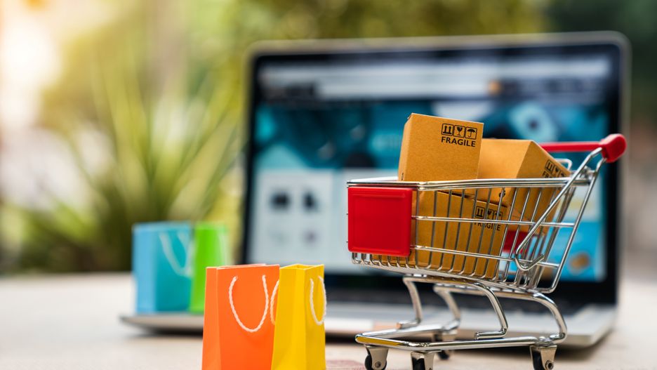 Product package boxes in cart with shopping bag and laptop computer with blurred web store shop on screen for online shopping and delivery concept
online, shop, payment, ecommerce, marketplace, shopping, cart, concept, laptop, delivery, computer, boxes, web, sale, bag, buy, commerce, price, shipping, package, purchase, order, business, background, service, technology, internet, website, store, marketing, consumer, retail, e-commerce, home, market, customer, deliver, product, finance, packaging