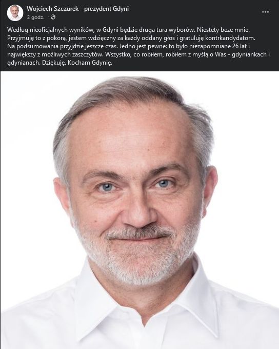 "W Gdyni będzie druga tura wyborów. Niestety beze mnie. Przyjmuję to z pokorą" - napisał samorządowiec