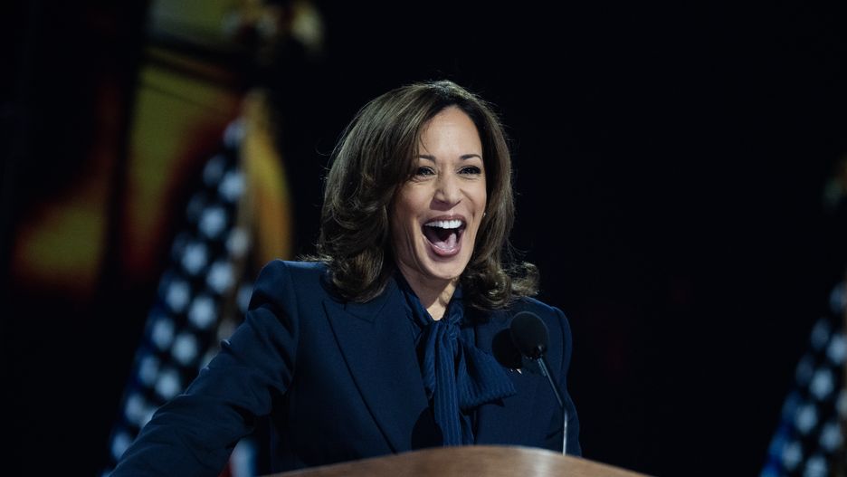 UNITED STATES - AUGUST 22: Vice President Kamala Harris, Democratic presidential nominee, speaks on the final night of the Democratic National Convention at the United Center in Chicago, Ill., on Thursday, August 22, 2024. (Tom Williams/CQ-Roll Call, Inc via Getty Images)