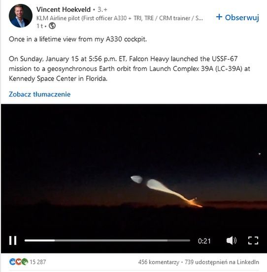 Wideo ze startu rakiety pilot wstawił do mediów społecznościowych